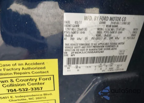 2011 Ford Edge Sel из США, поврежденный, VIN 2FMDK3JC5BBA95240